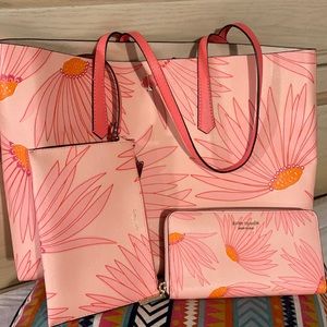 Kate Spade “Falling Flower” Large Tote with matching wallet and pouch.